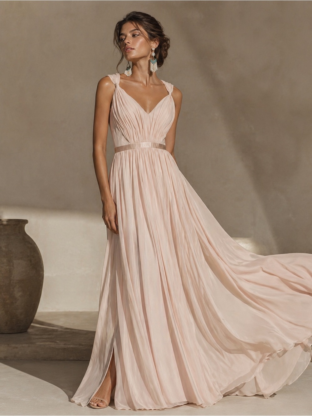 NWT Vera Wang Blush Wedding Guest V-Neck Chiffon Dress in Blush 2 XS S